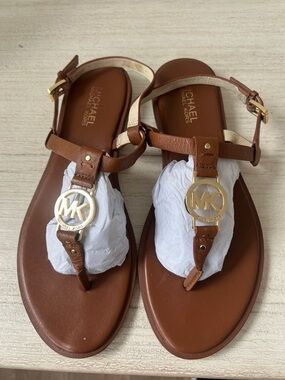 Michael Kors Brown Leather MK Logo T-Strap Sandals with Gold Hardware